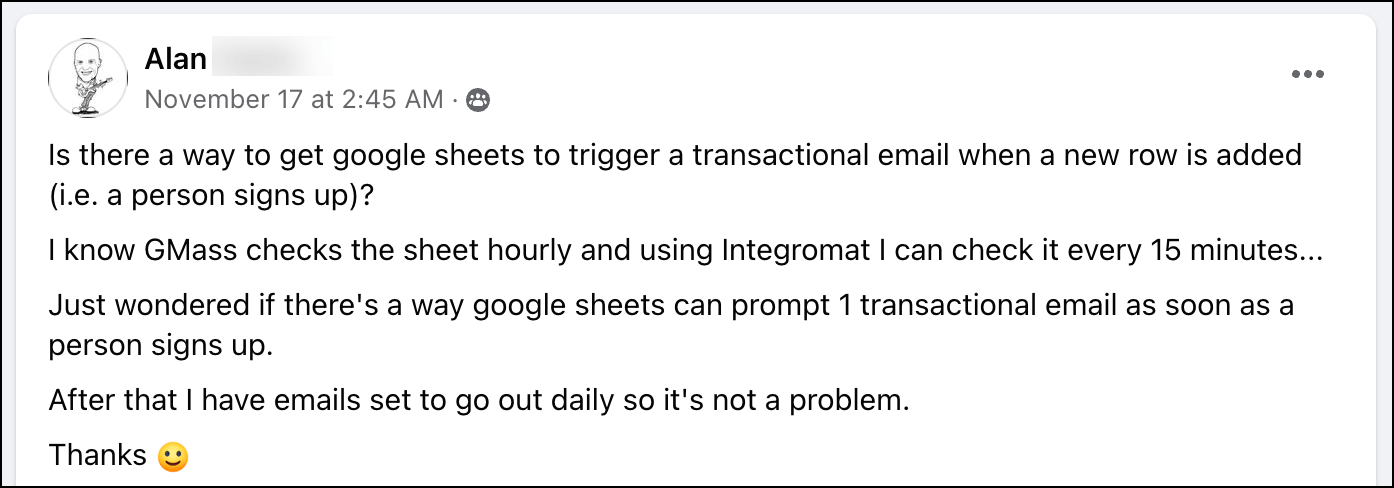 Question from Facebook group on triggered transactional emails