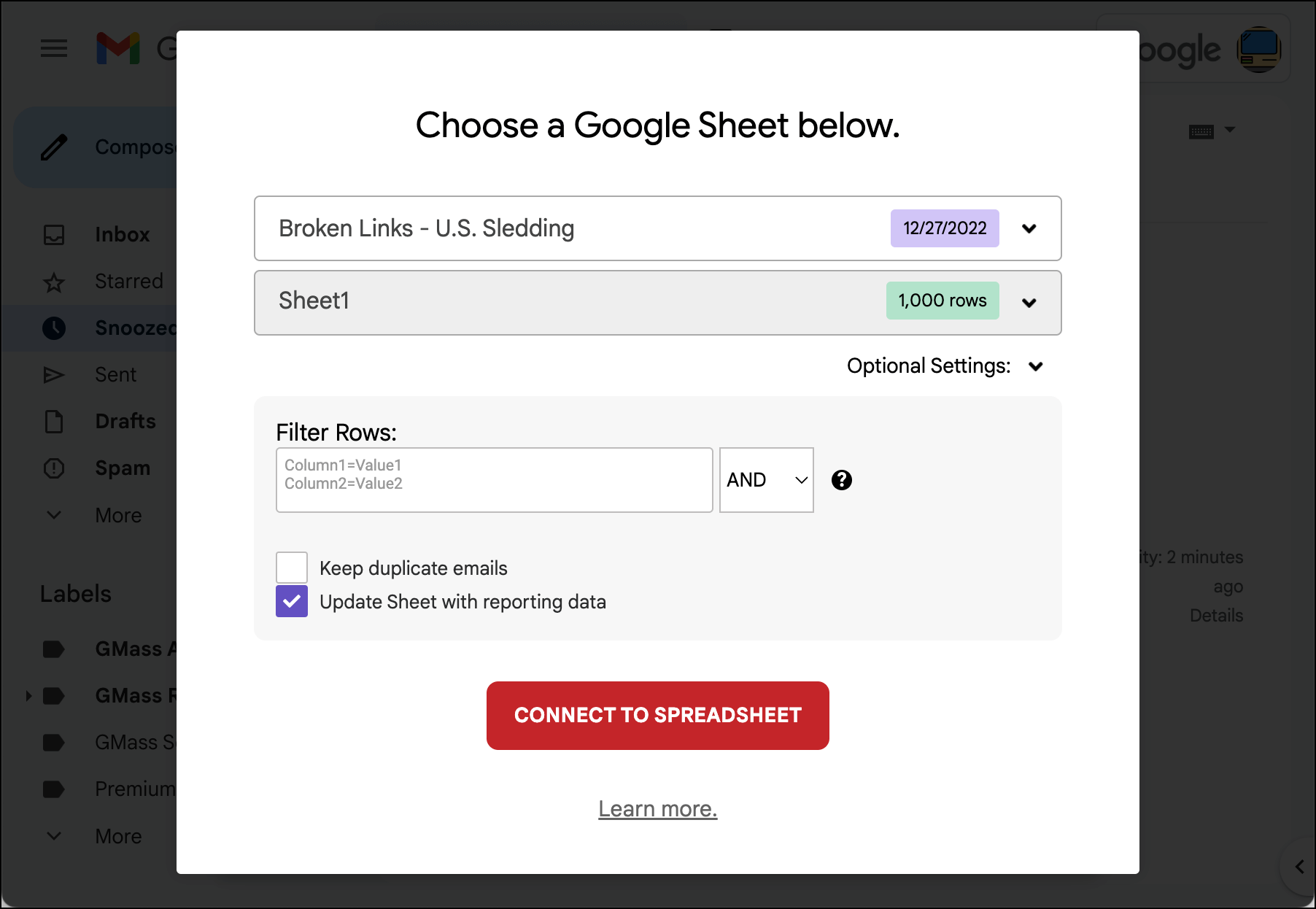 Connection settings for a Google Sheet in GMass
