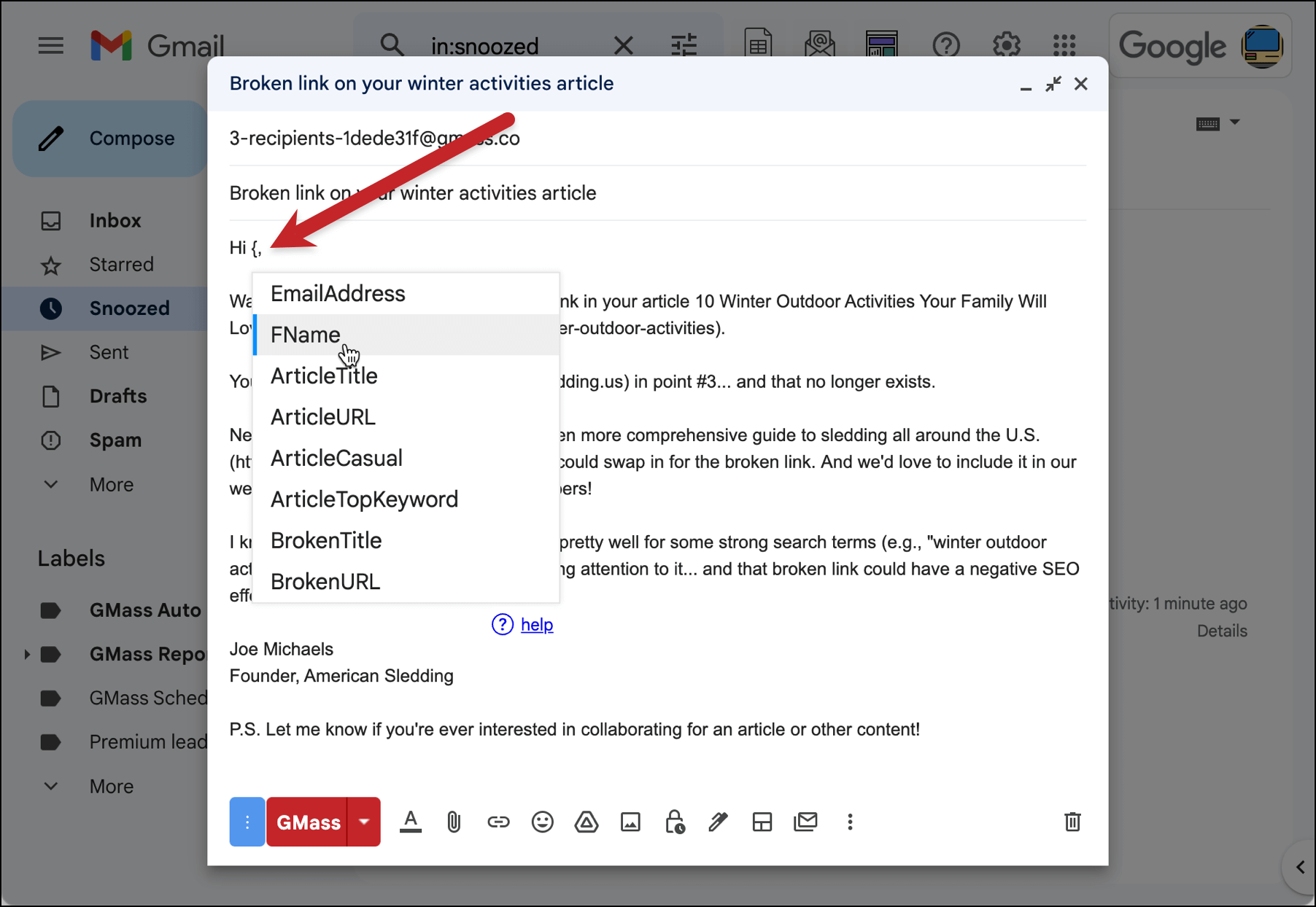 Mail merge tag options in the email
