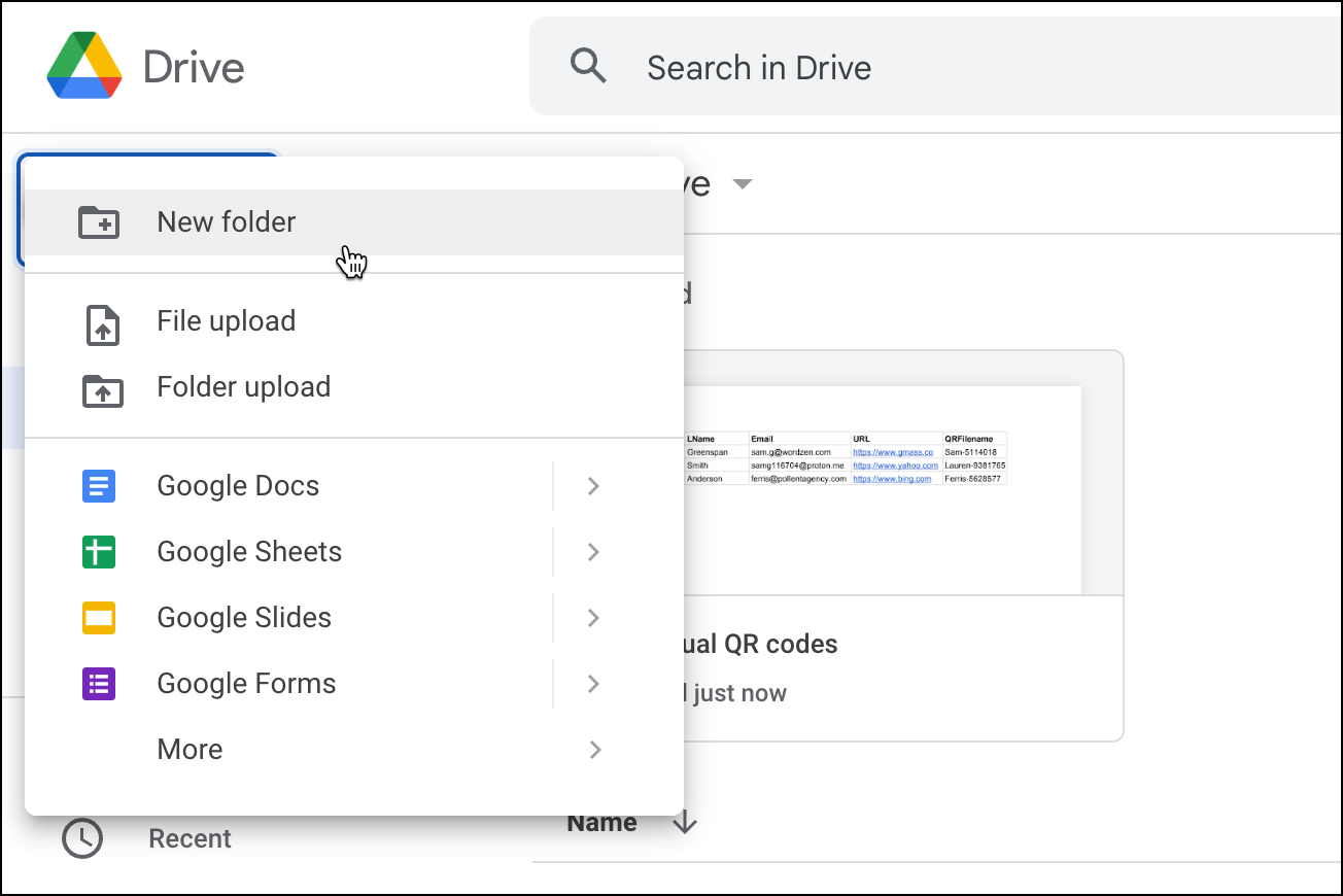 Create a new folder in Google Drive