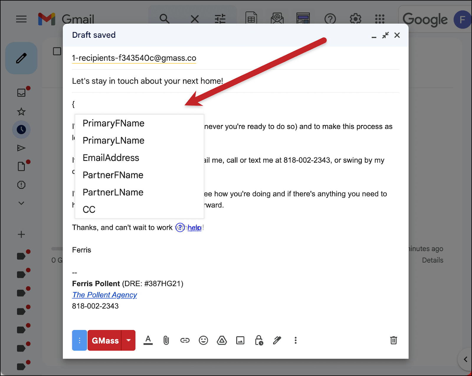 Mail merge options to add to a real estate automated message