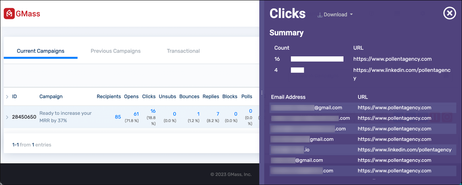 Clicks in the GMass dashboard