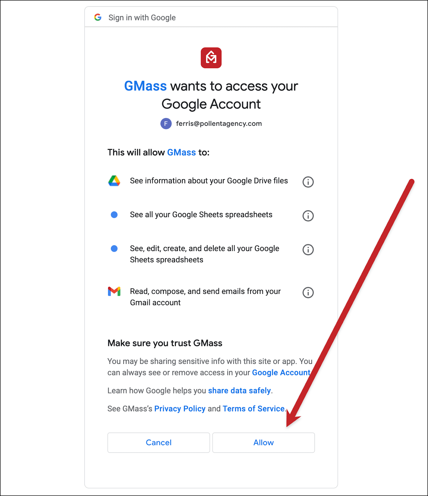 Give permissions for email access