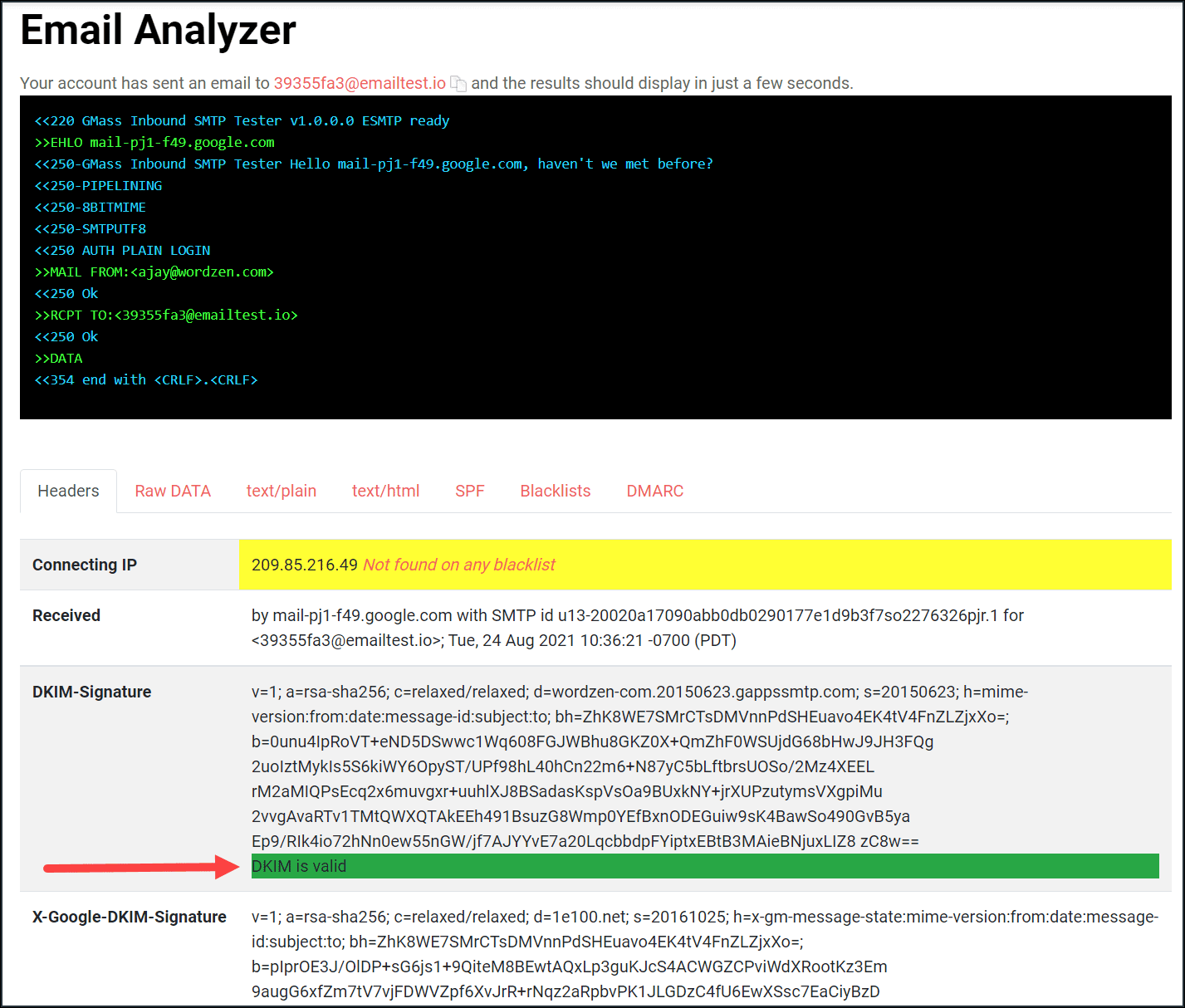 GMass's email analyzer tool