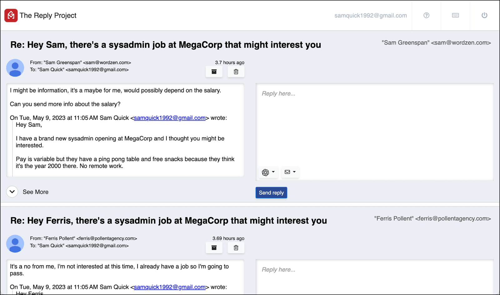 Replies just from a GMass campaign in The Reply Project for a recruiter