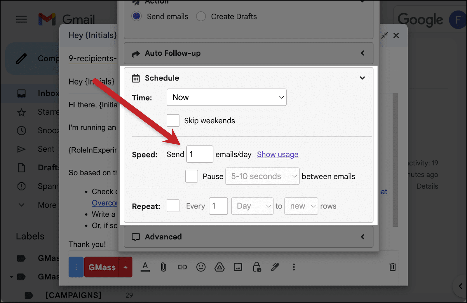 Set the initial speed to one email