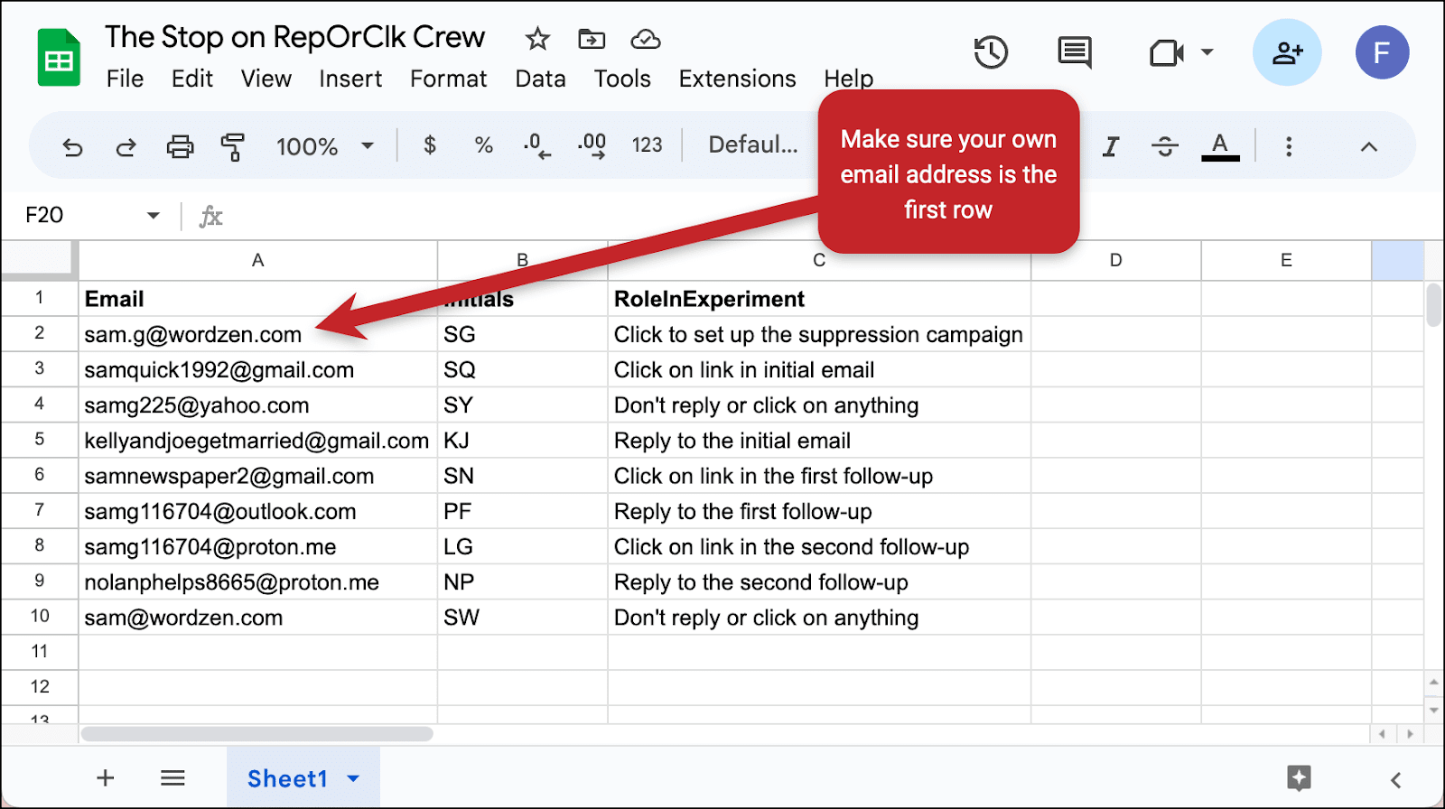 Your campaign Google Sheet with your address first