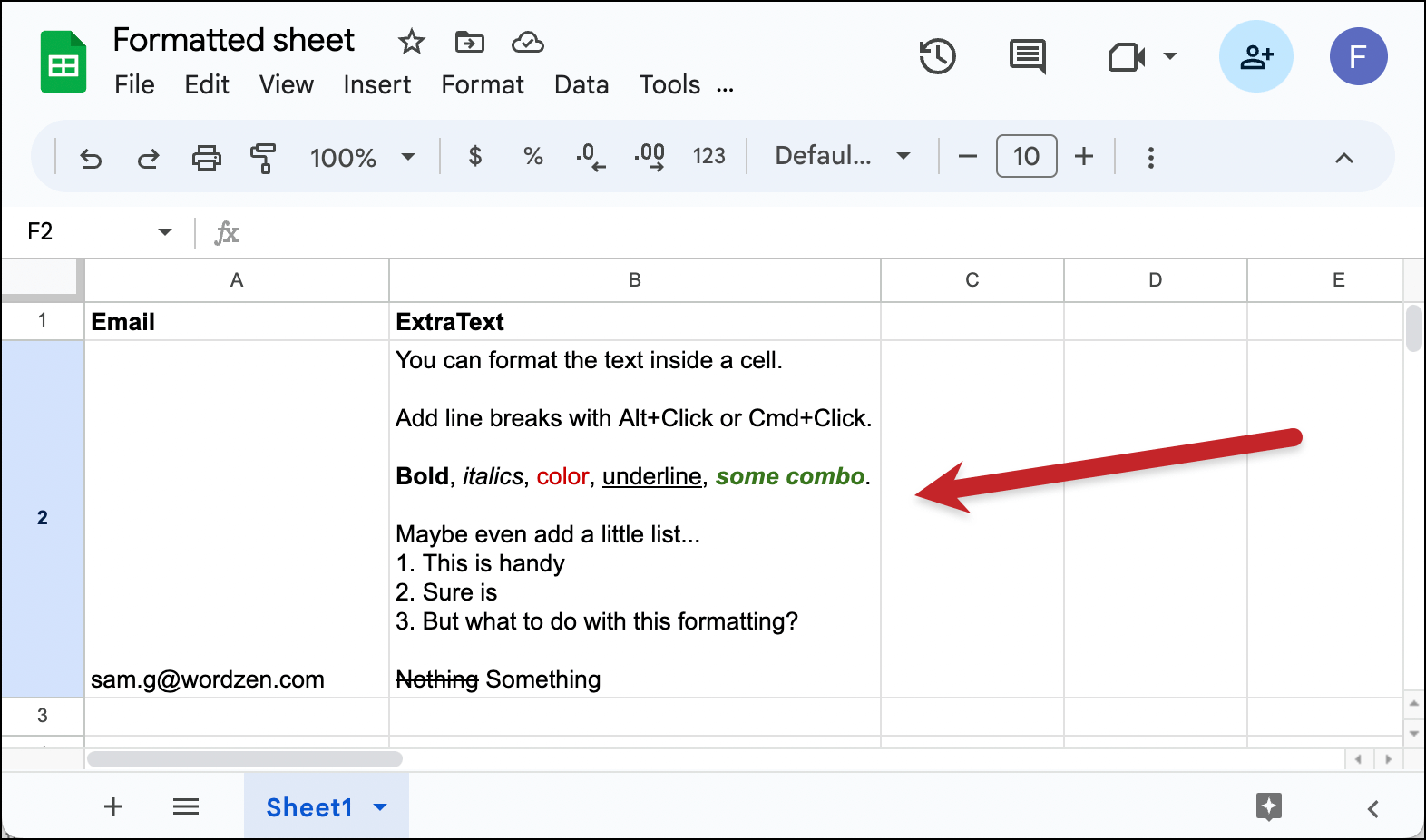Google Sheets formatting on individual pieces of text