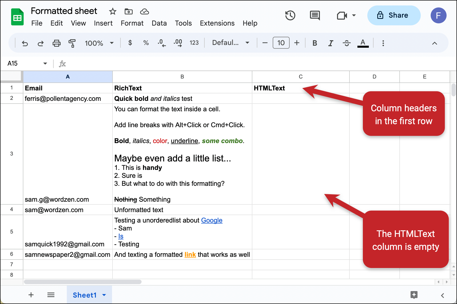 Create two columns in your Google Sheet for the text