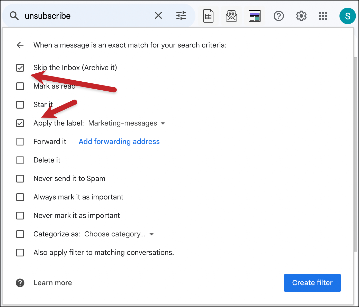Settings for your filter and label