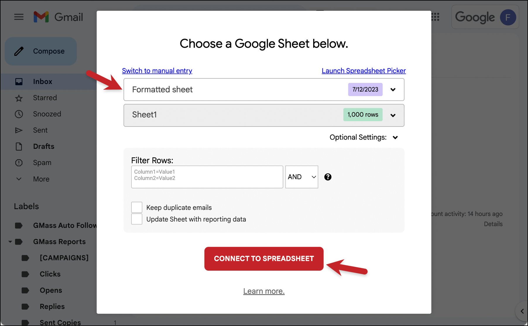 Choose your formatted Google Sheet from the dropdown