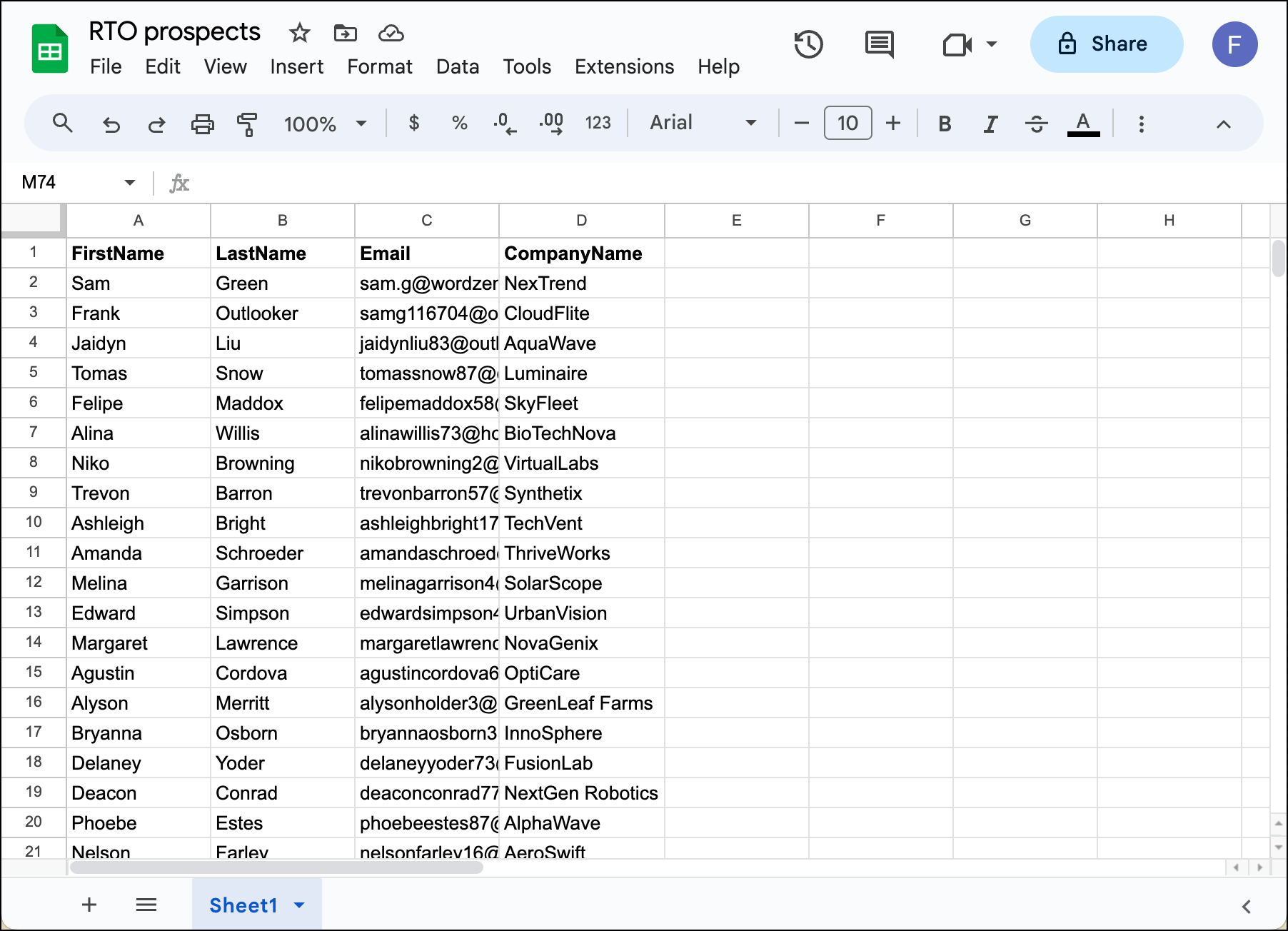 Make a Google Sheet with prospects