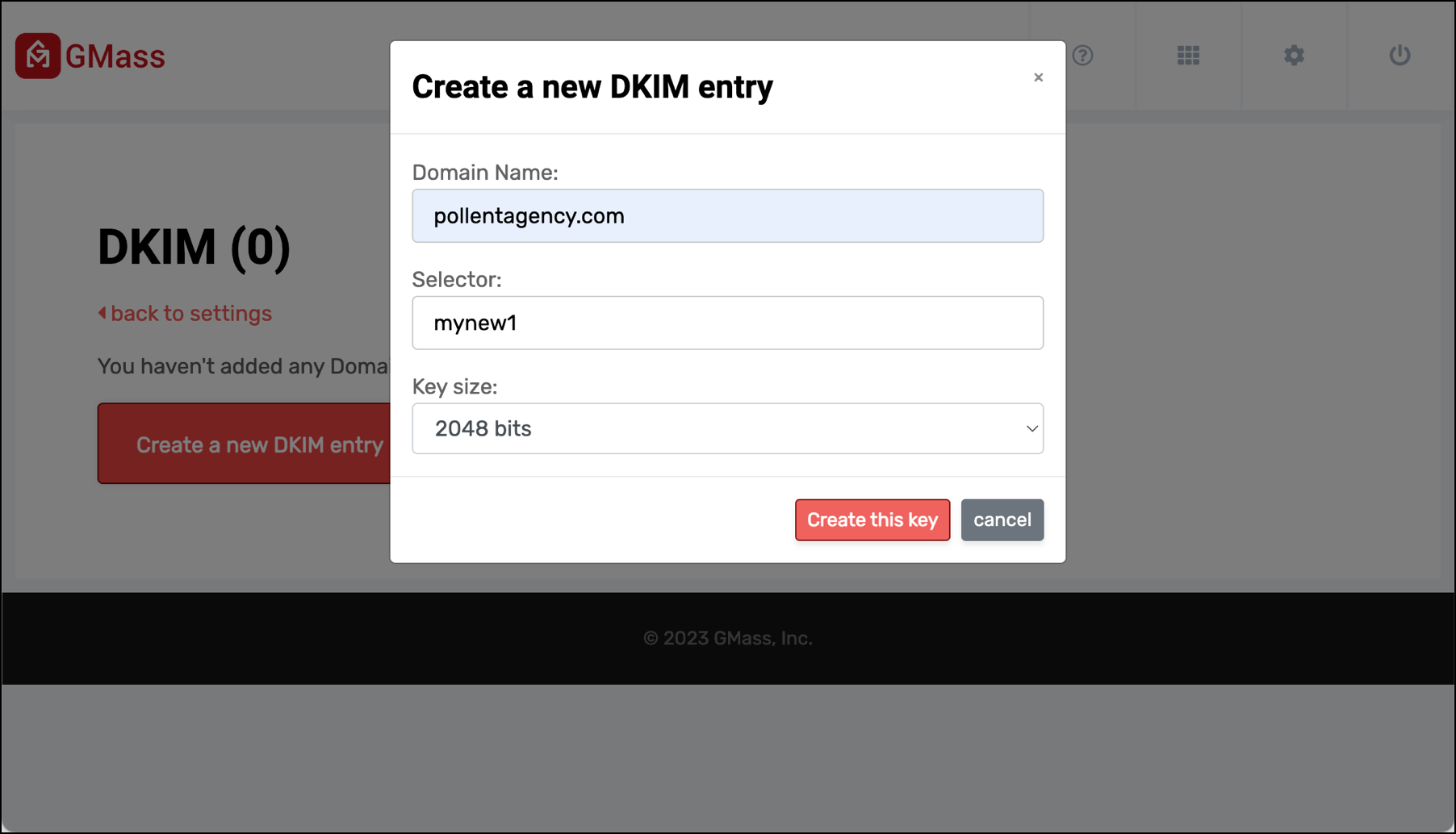 Create your new DKIM entry in GMass