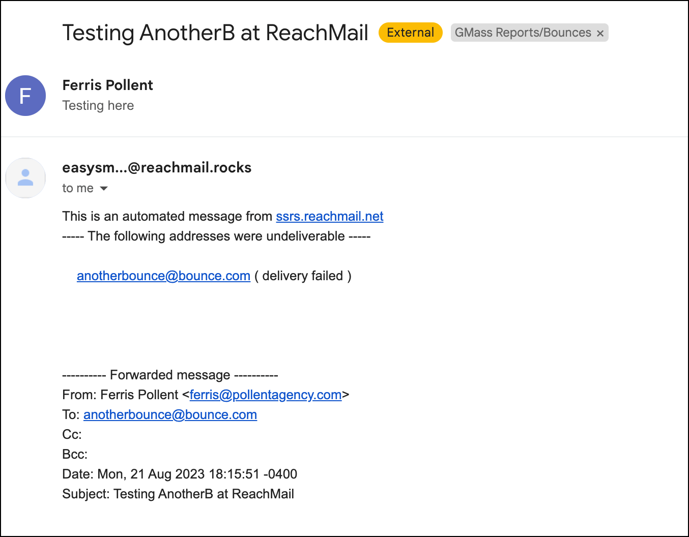A forwarded bounce notification from ReachMail
