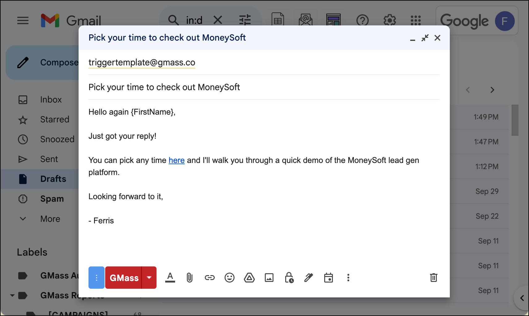 The triggered email encouraging someone to book a time