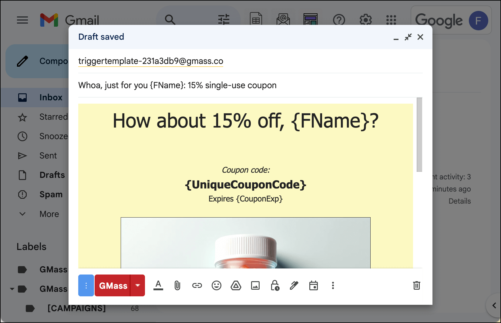 A triggered email with a coupon code