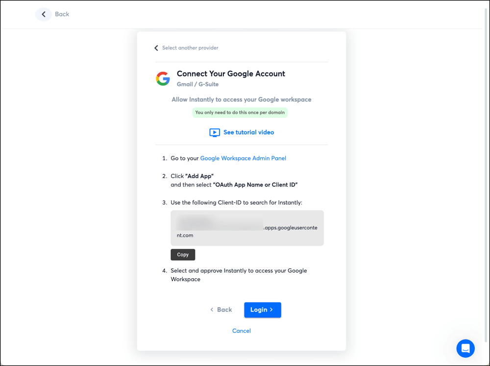 Adding an app in Google to connect an account in Instantly