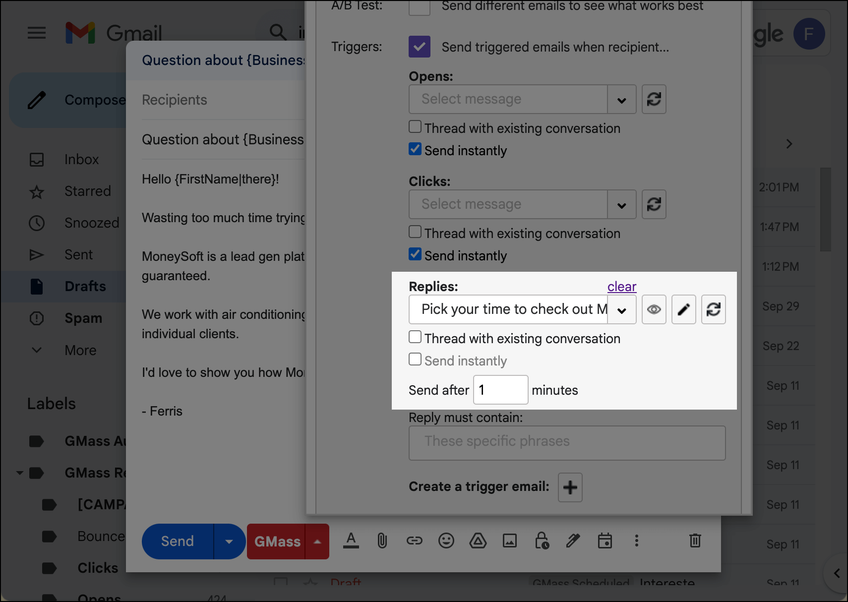 Trigger settings to send a scheduling link when someone replies