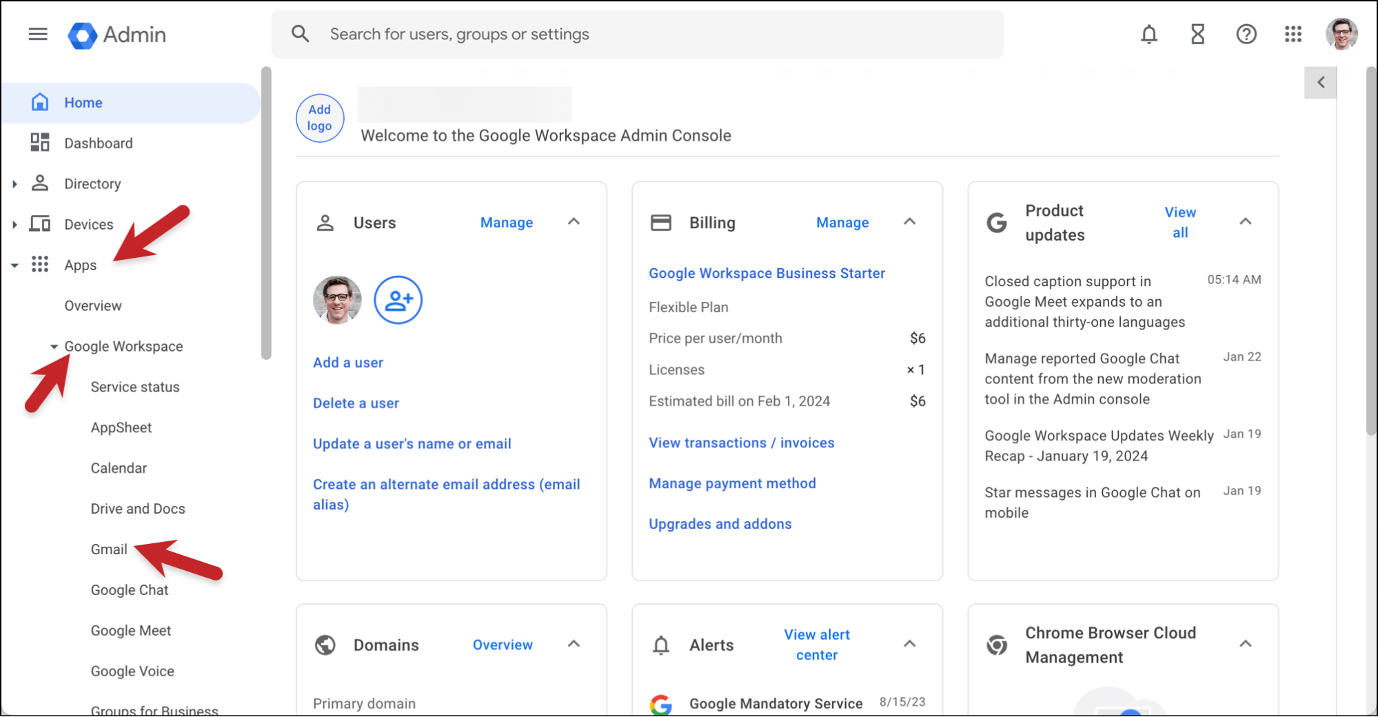 Where to find the Gmail settings in Google Admin
