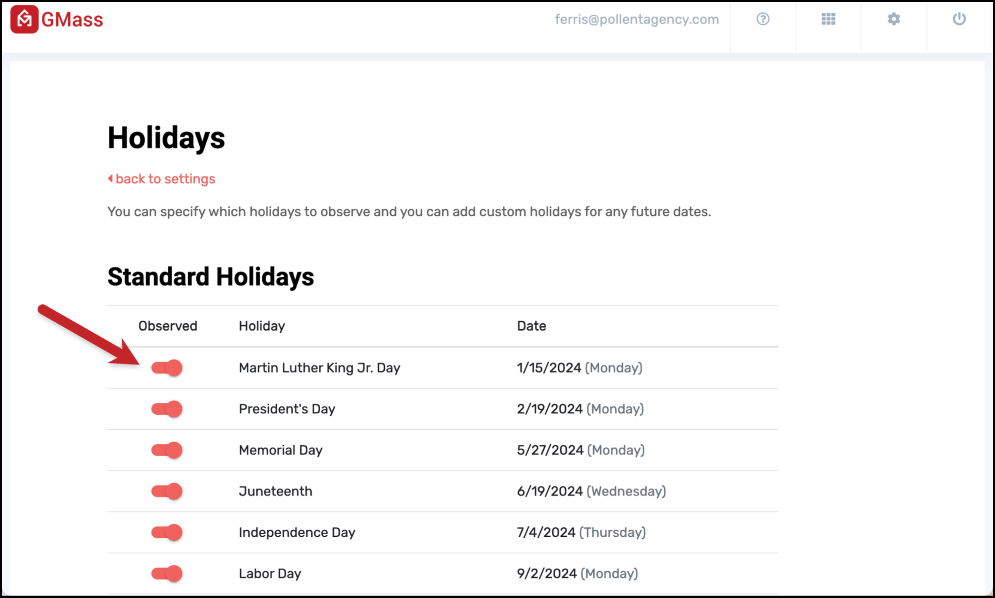 Toggle the switch to turn a holiday off