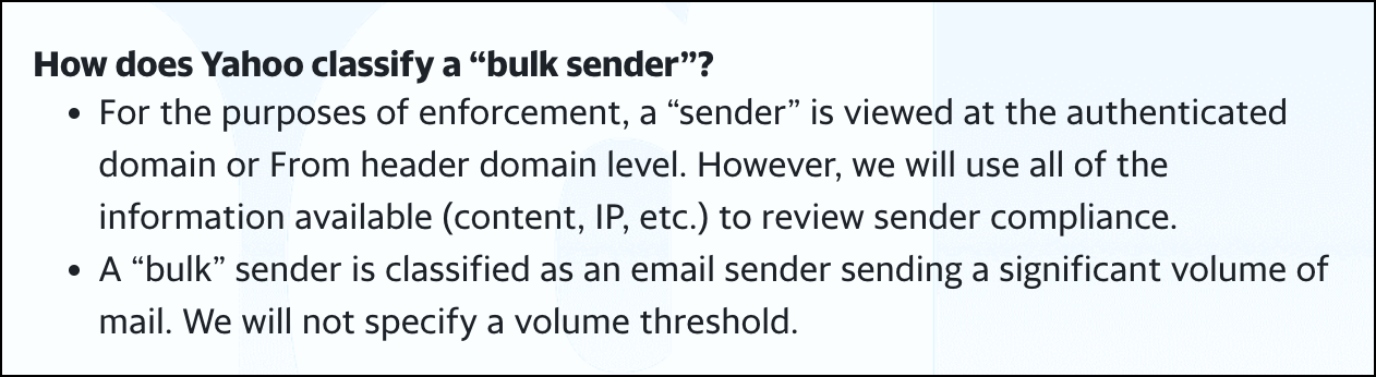 Yahoo's bulk sender definition