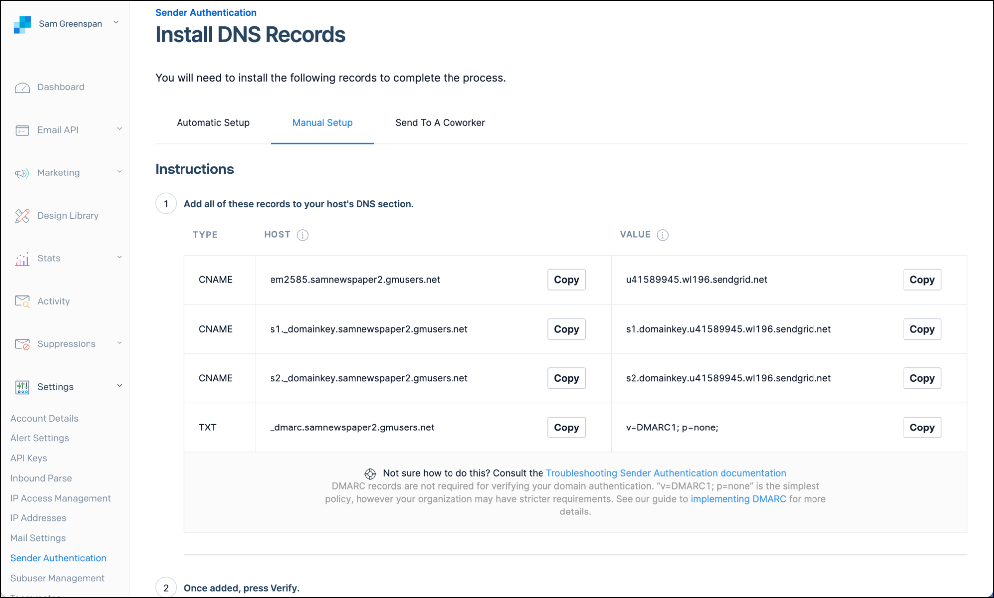 Install SendGrid's DNS records