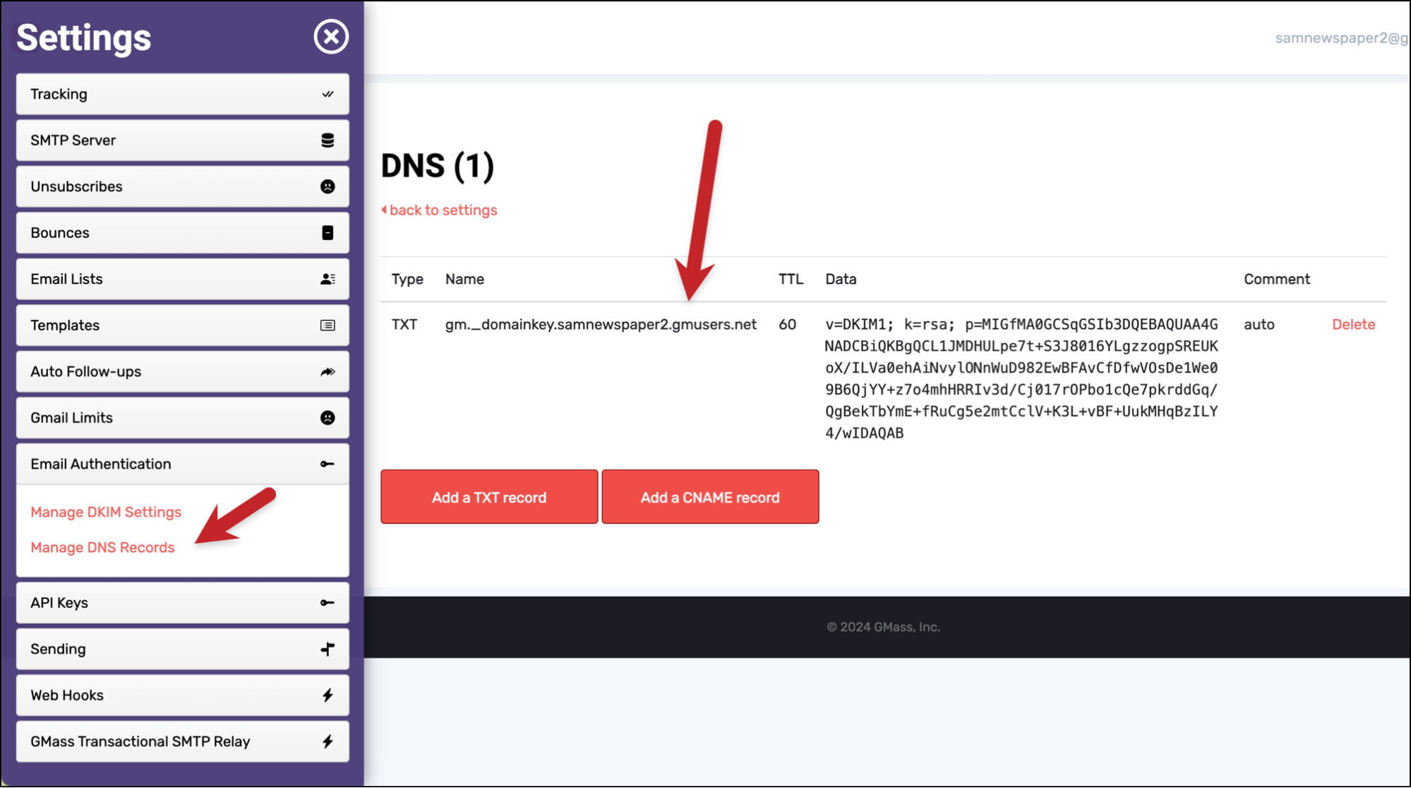 GMass generates a new DNS record