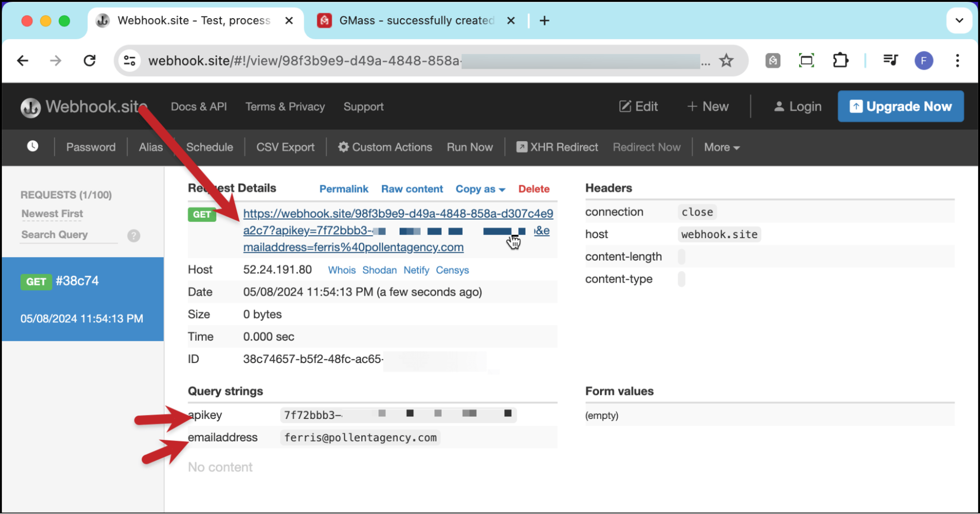 Passing the API key and email address with a webhook call