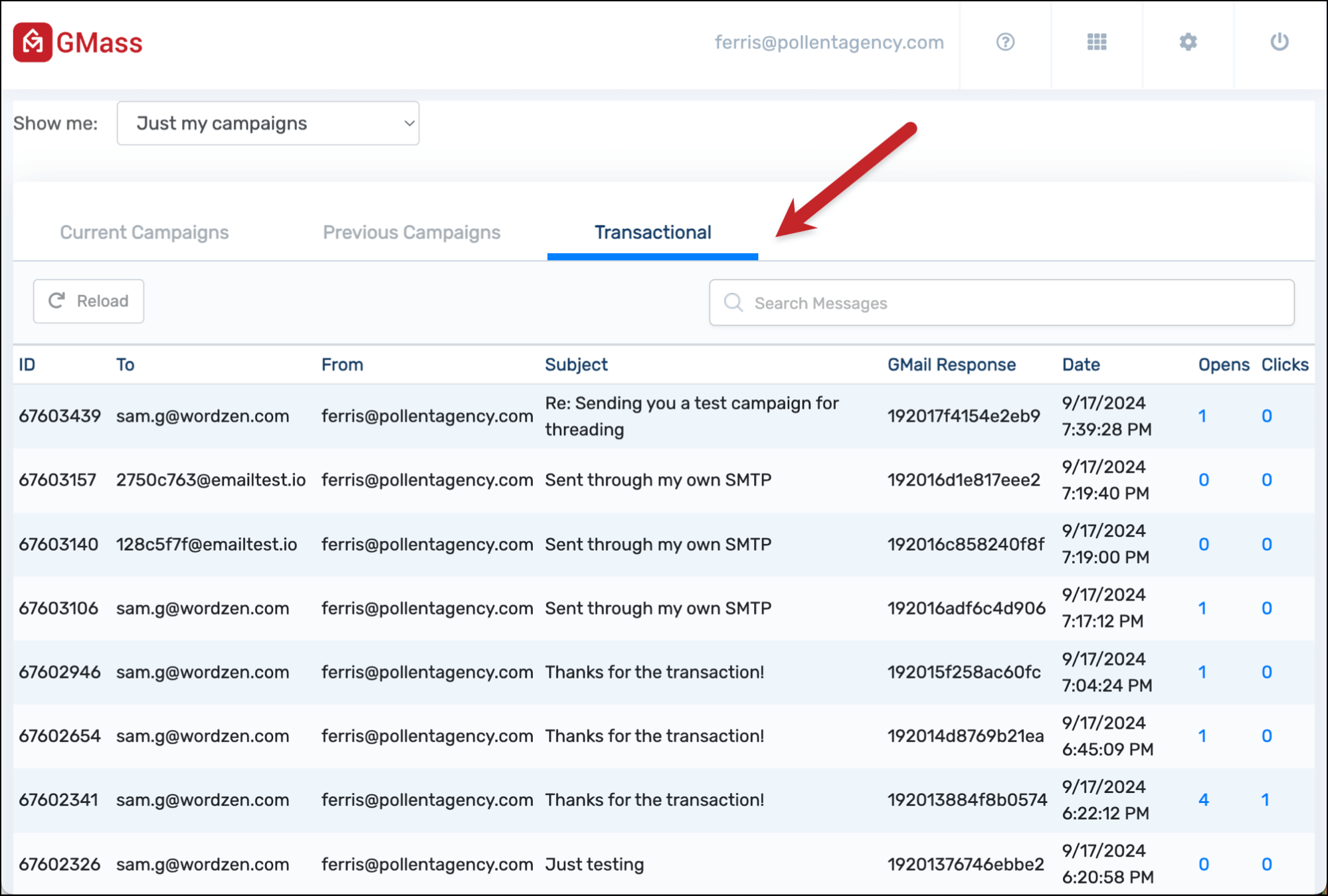 Checking the analytics of transactional emails in the GMass dashboard