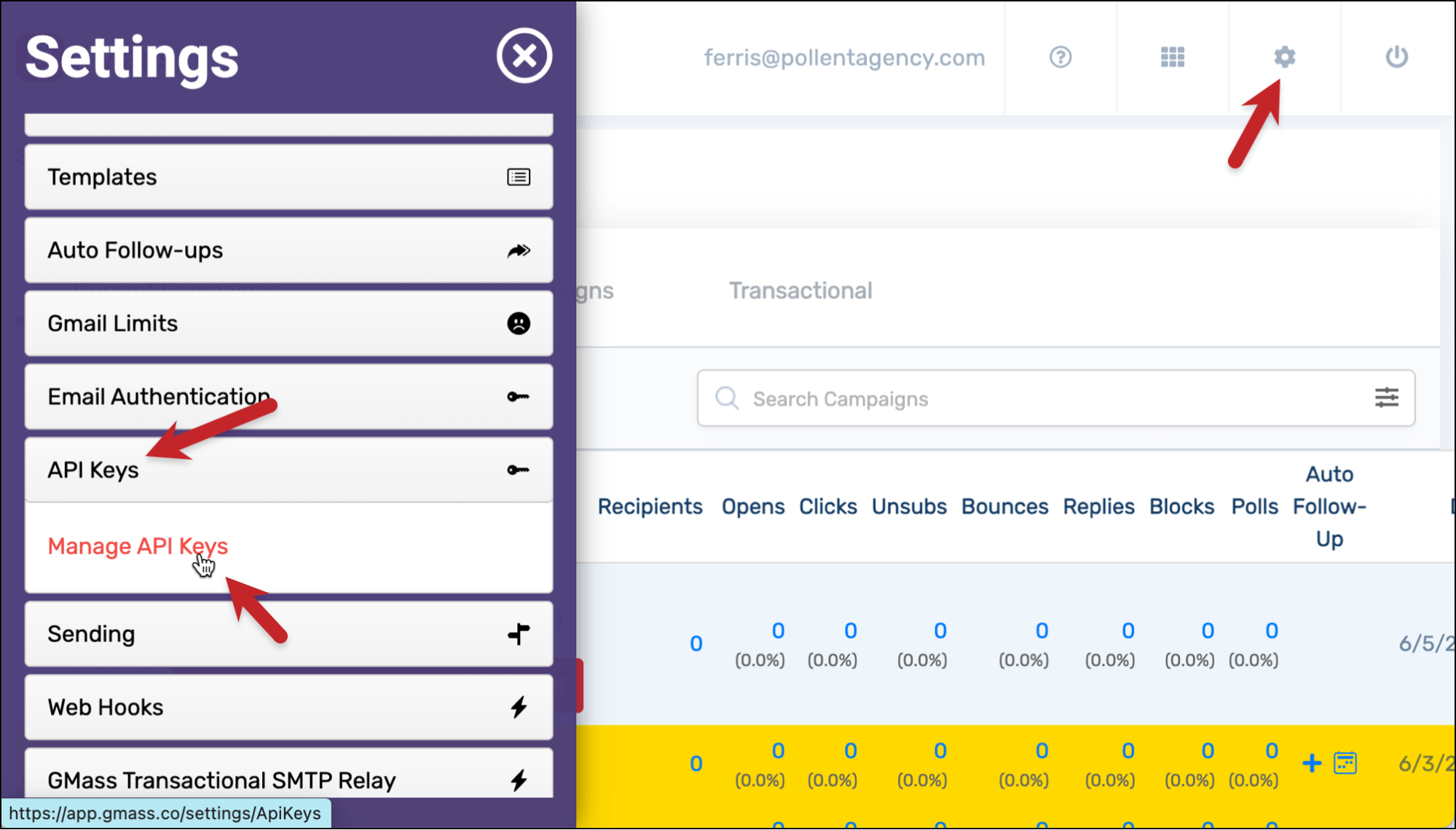 Going to the manage API keys section of the GMass dashboard.