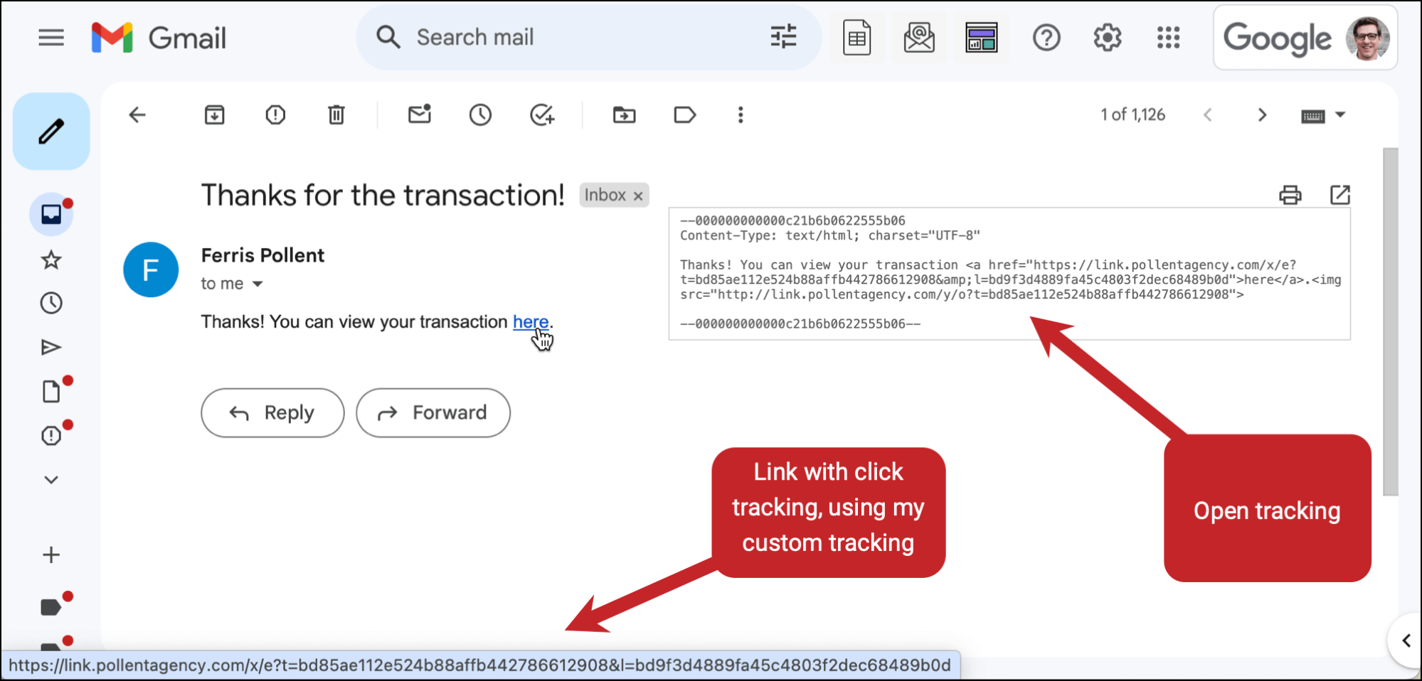 A transactional email sent with open and click tracking