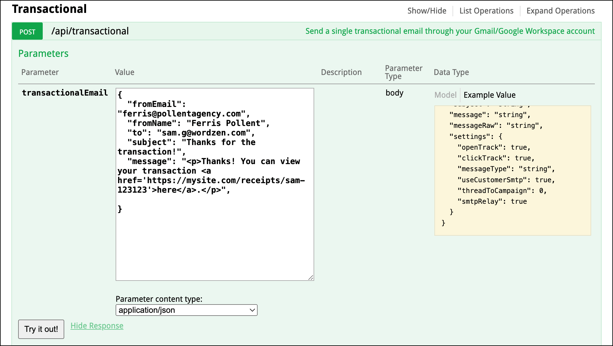 The basic parameters for sending a transactional email via the GMass API