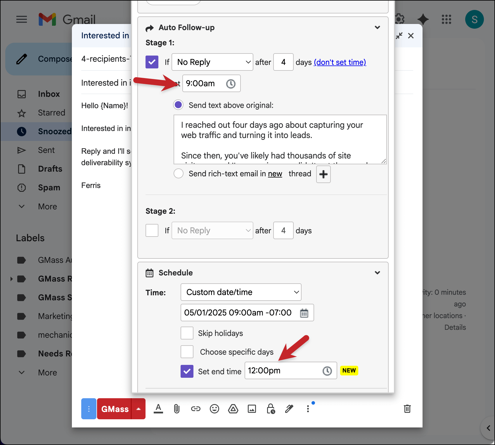 Start and end times for auto follow-ups