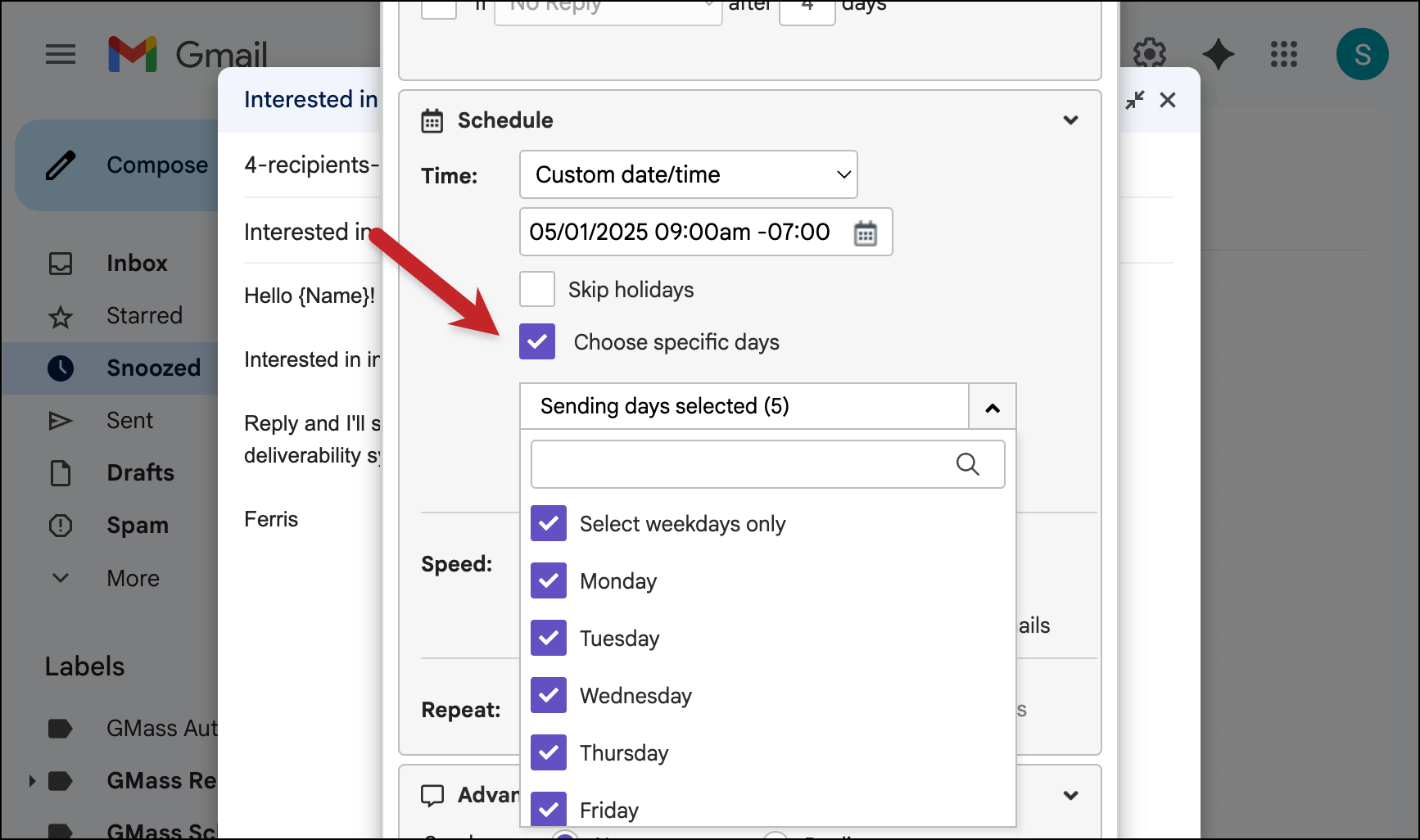 Using choose specific days to avoid sending on weekends