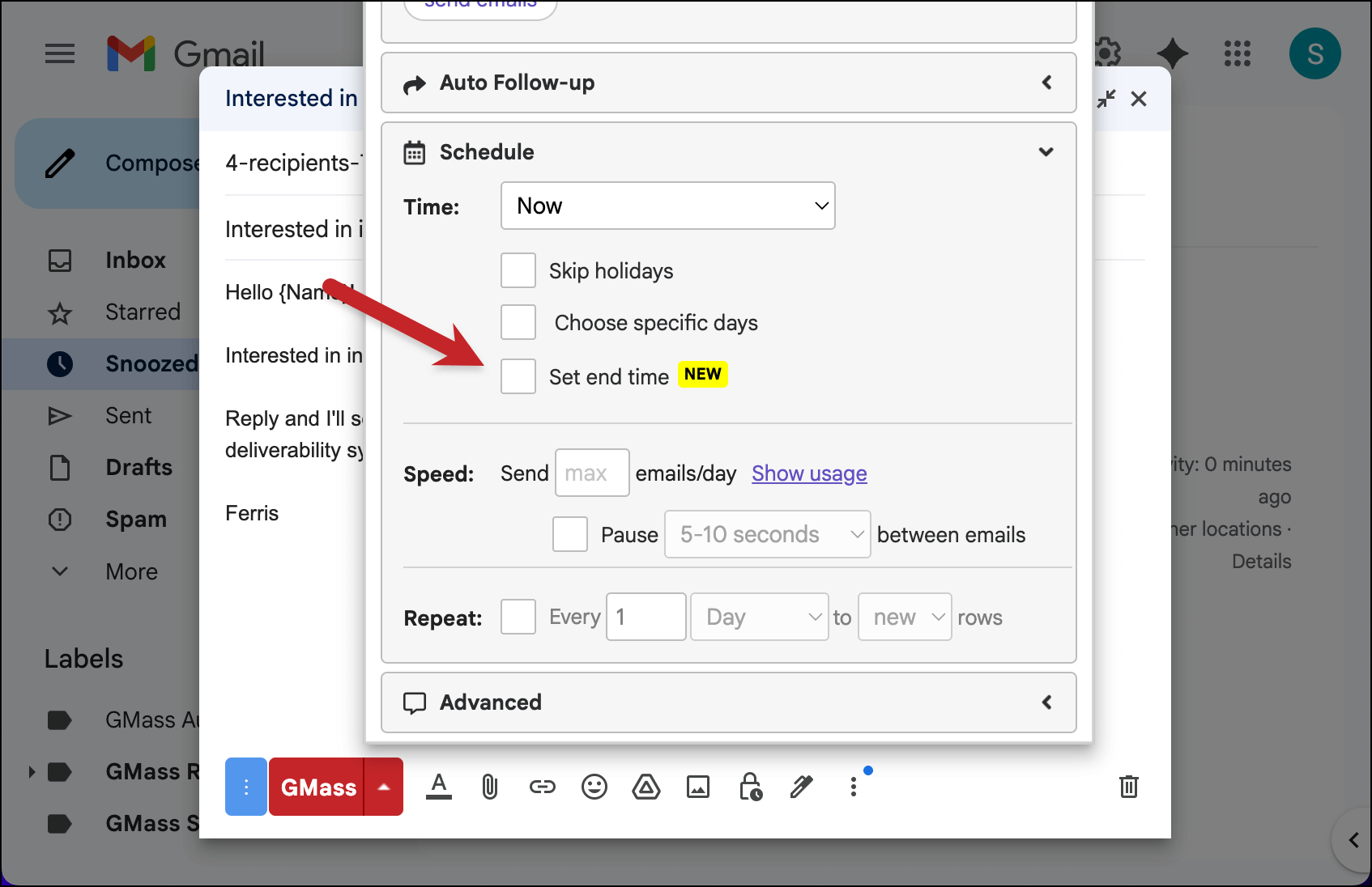 The set end time setting in the GMass settings box.