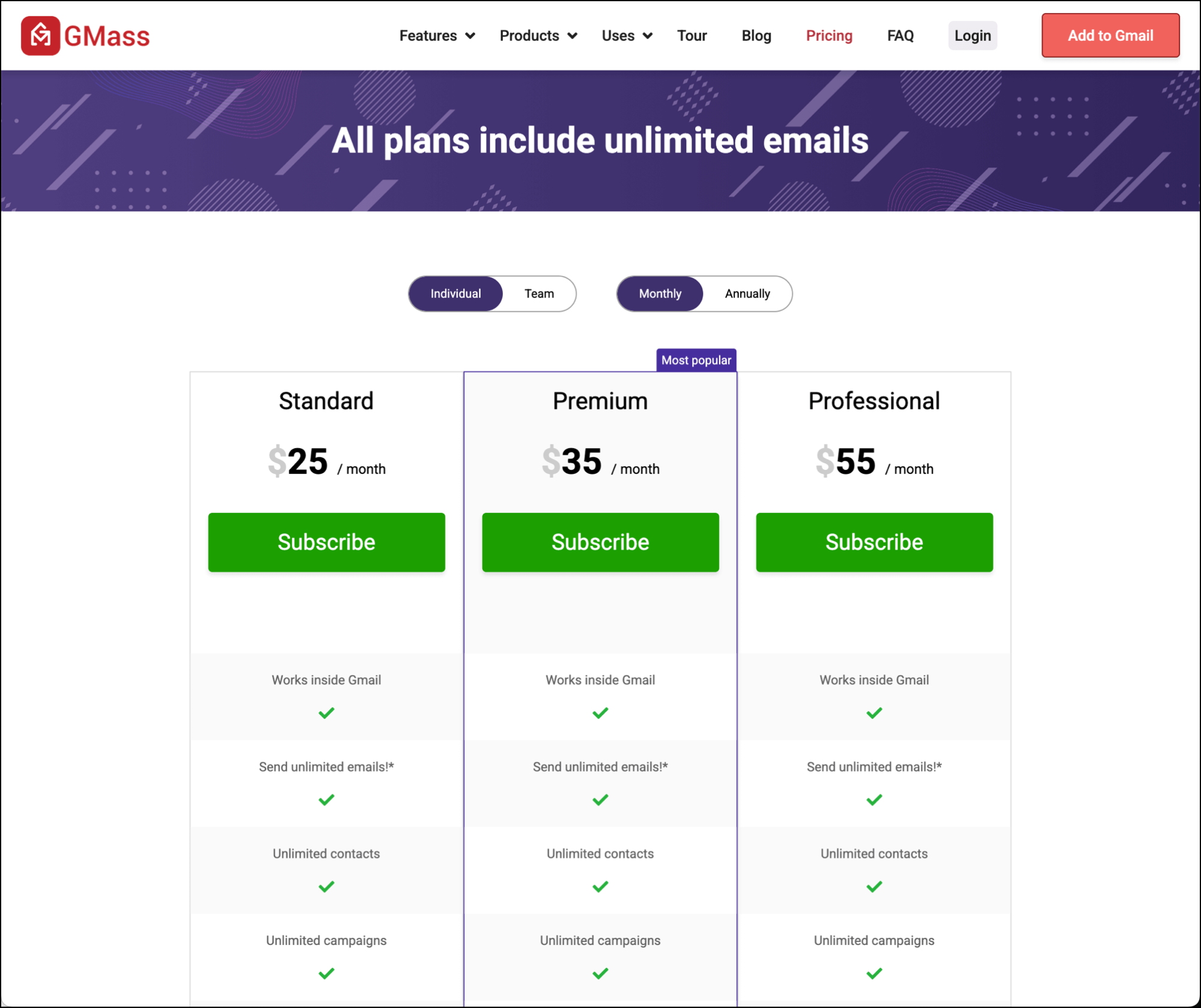 GMass has the lowest bulk email sender pricing in the industry