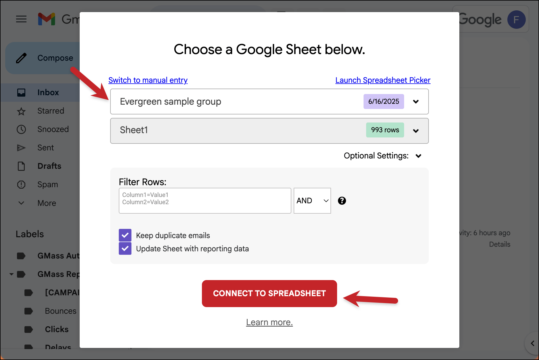 Choose your Google Sheet from the dropdown
