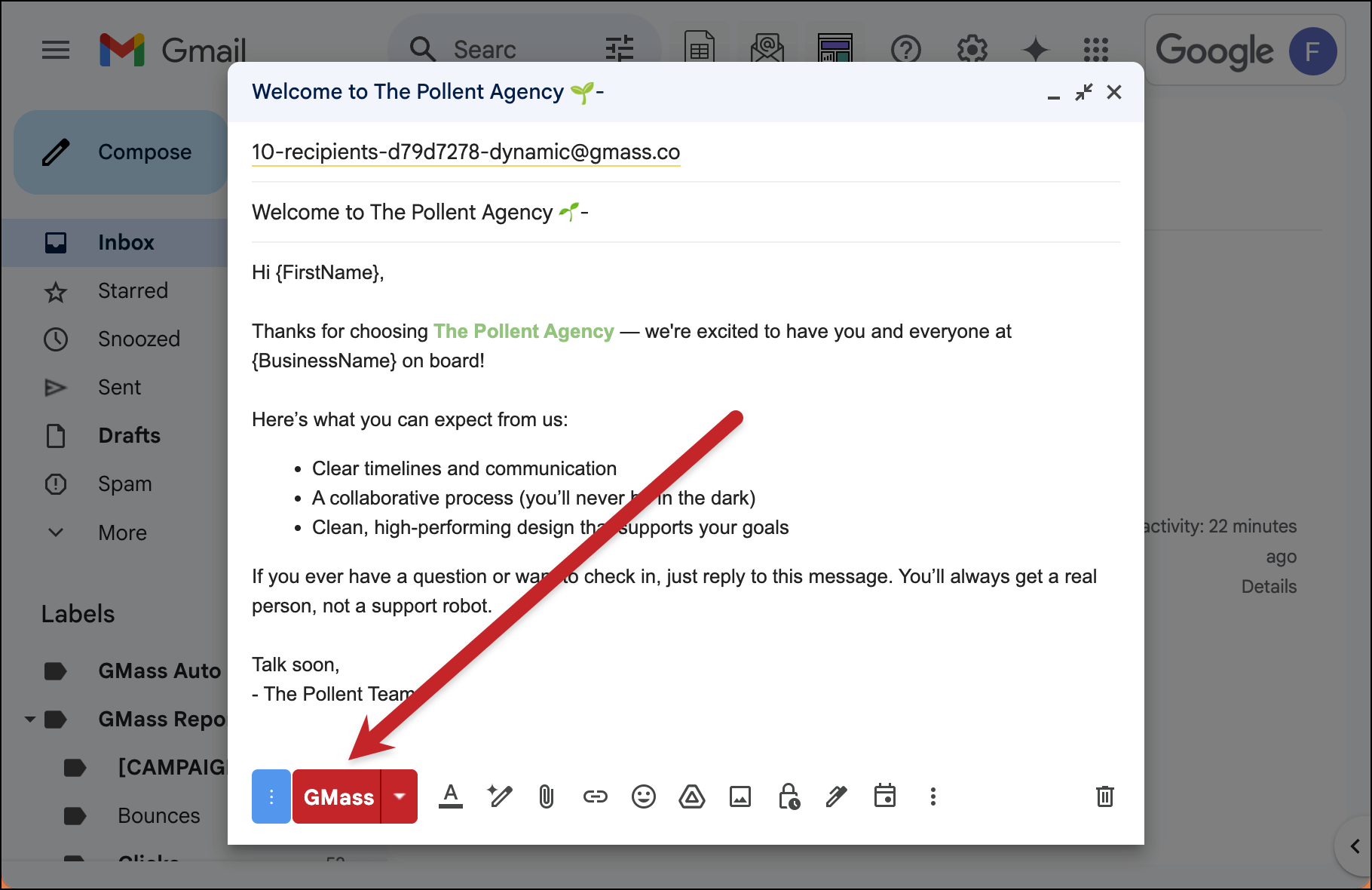 Hit the red GMass button to send your evergreen email campaign