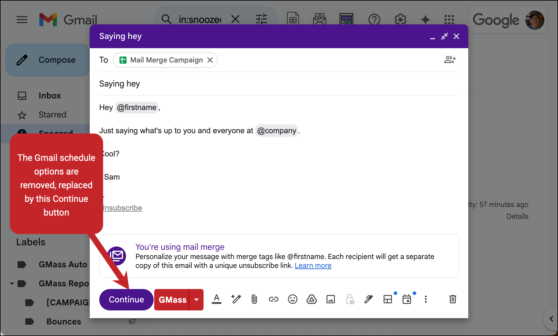 No scheduling in Gmail's native mail merge tool