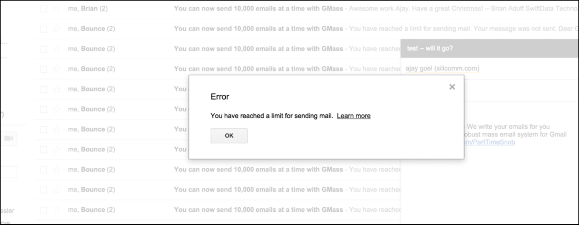 The Gmail popup when you reach your limit