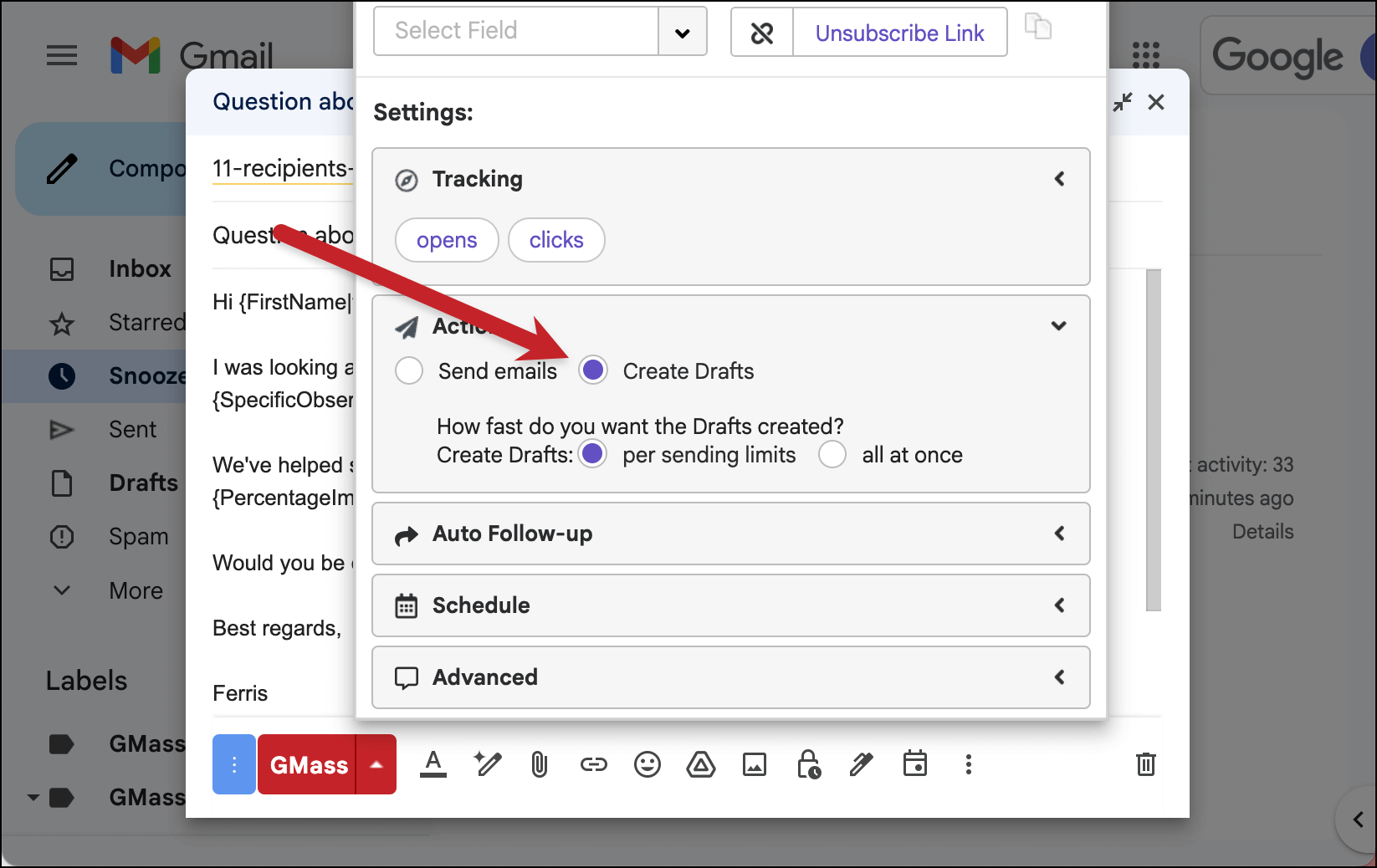 Create drafts to preview your Google mail merge template