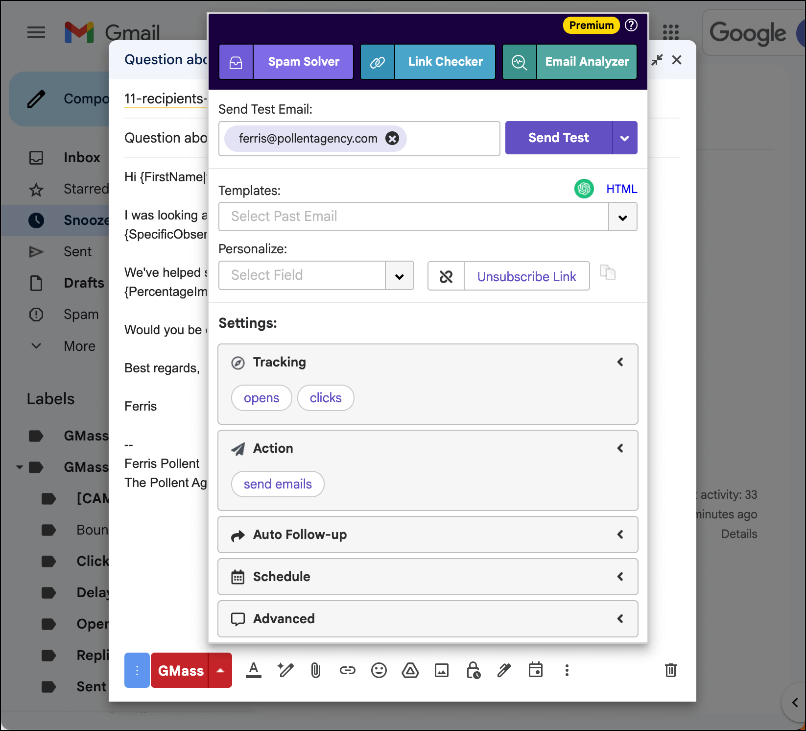 The GMass settings box