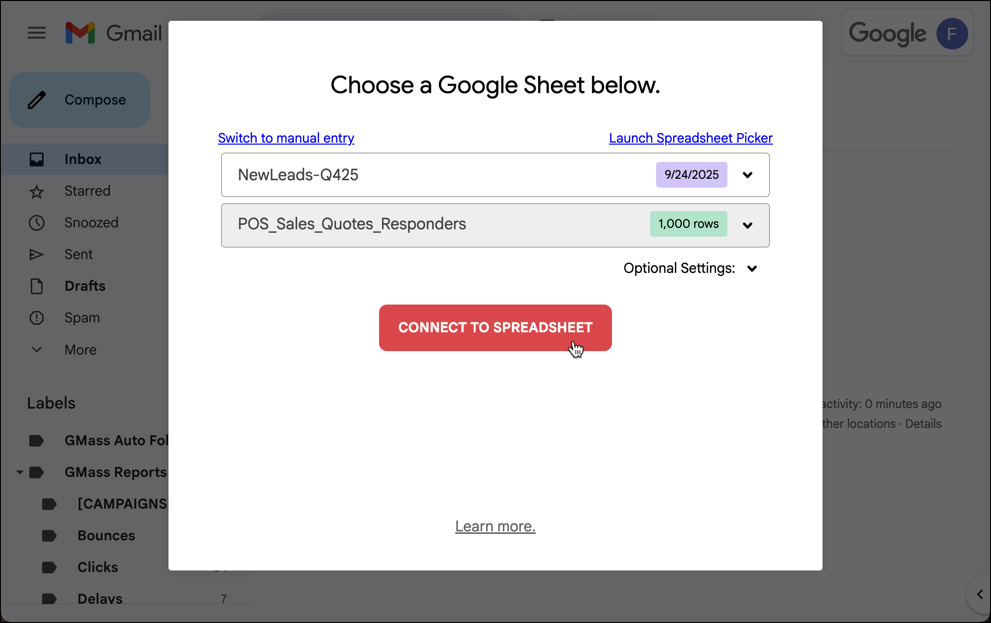 The connection dialogue box