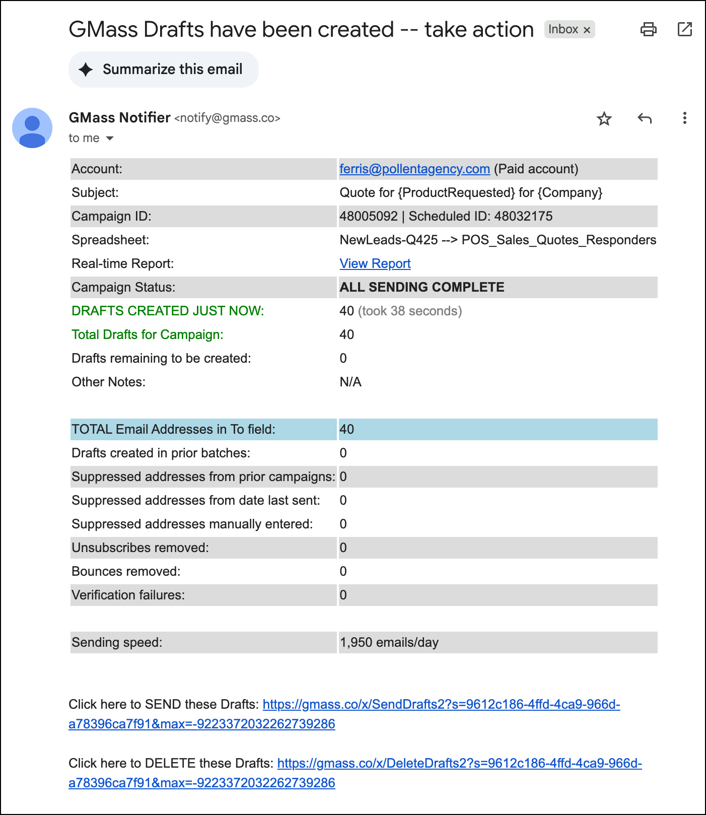 GMass's notification email when the drafts are ready