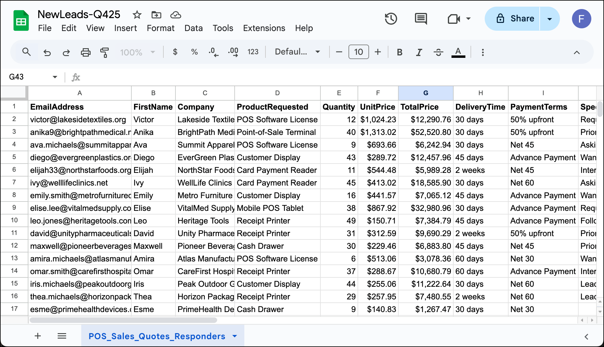 An example of a Google Sheet of data for sales quotes