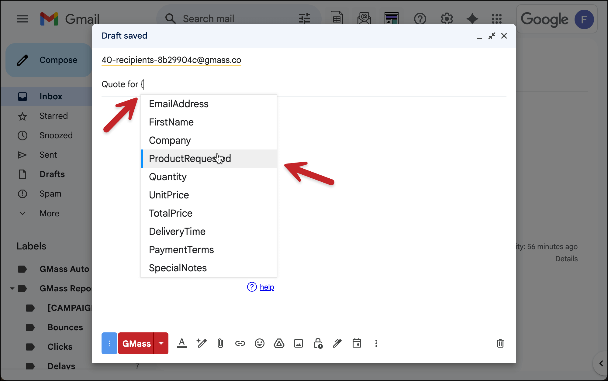 Use the left curly brace to add mail merge tags