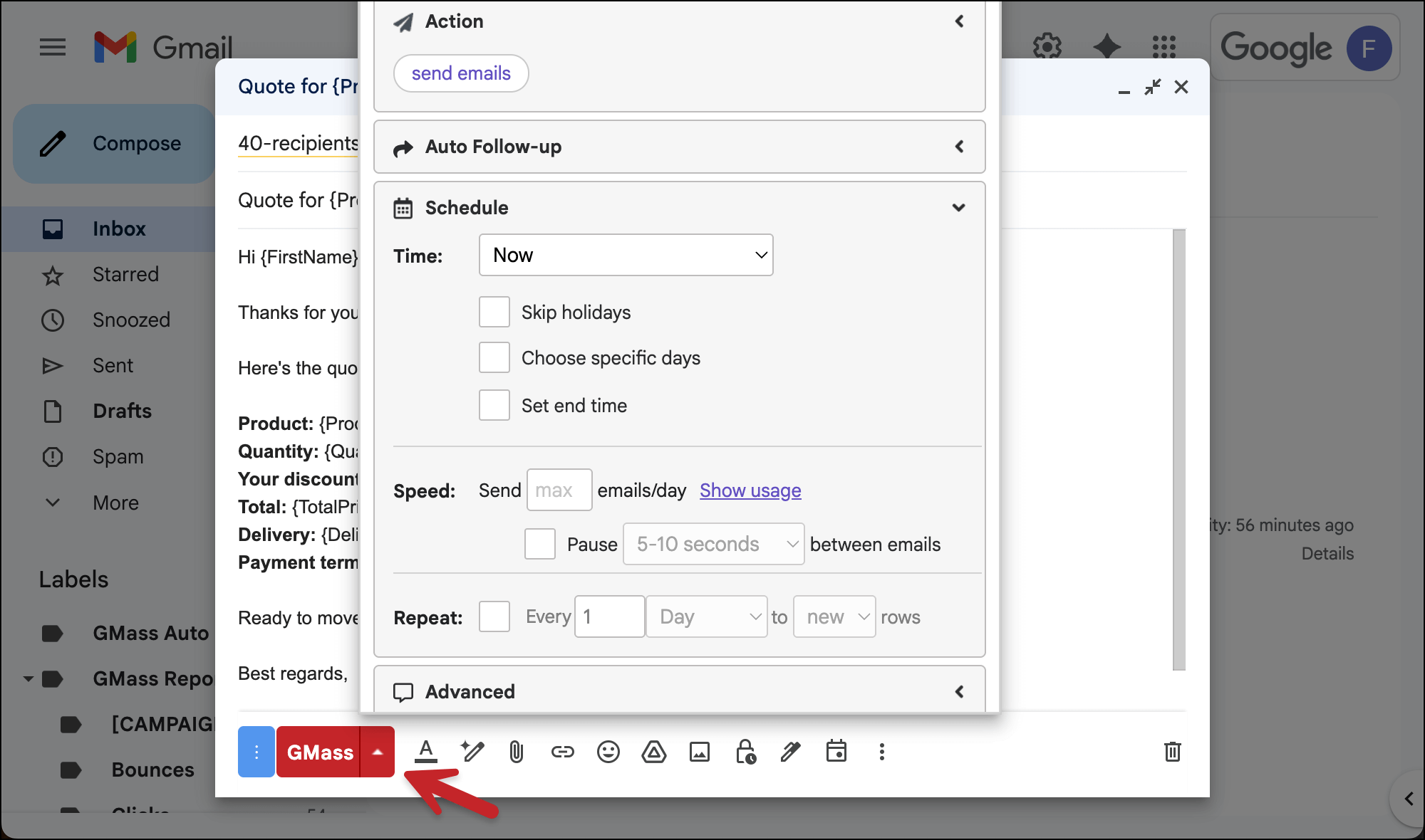 The optional GMass settings for your campaign