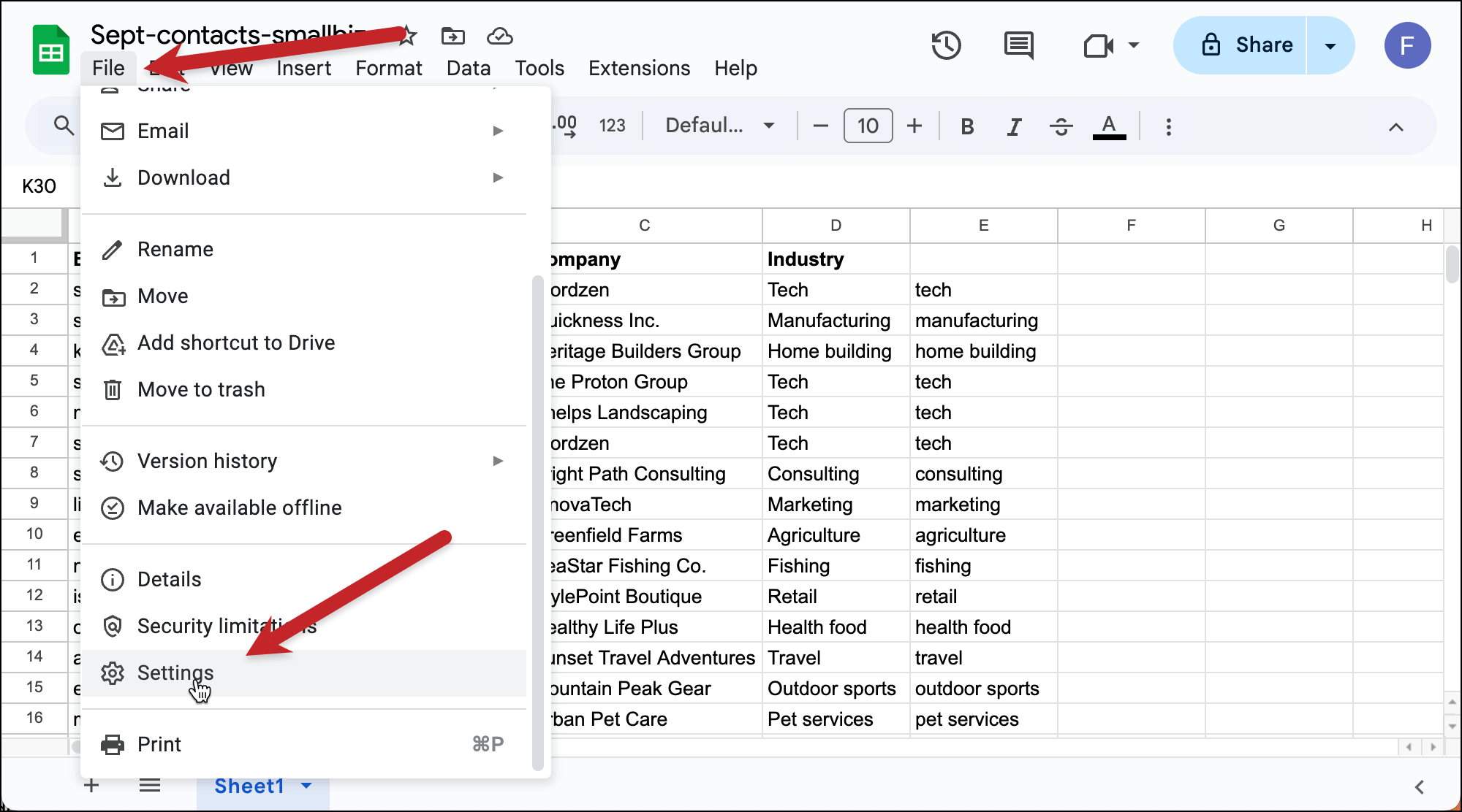 Google Sheet settings
