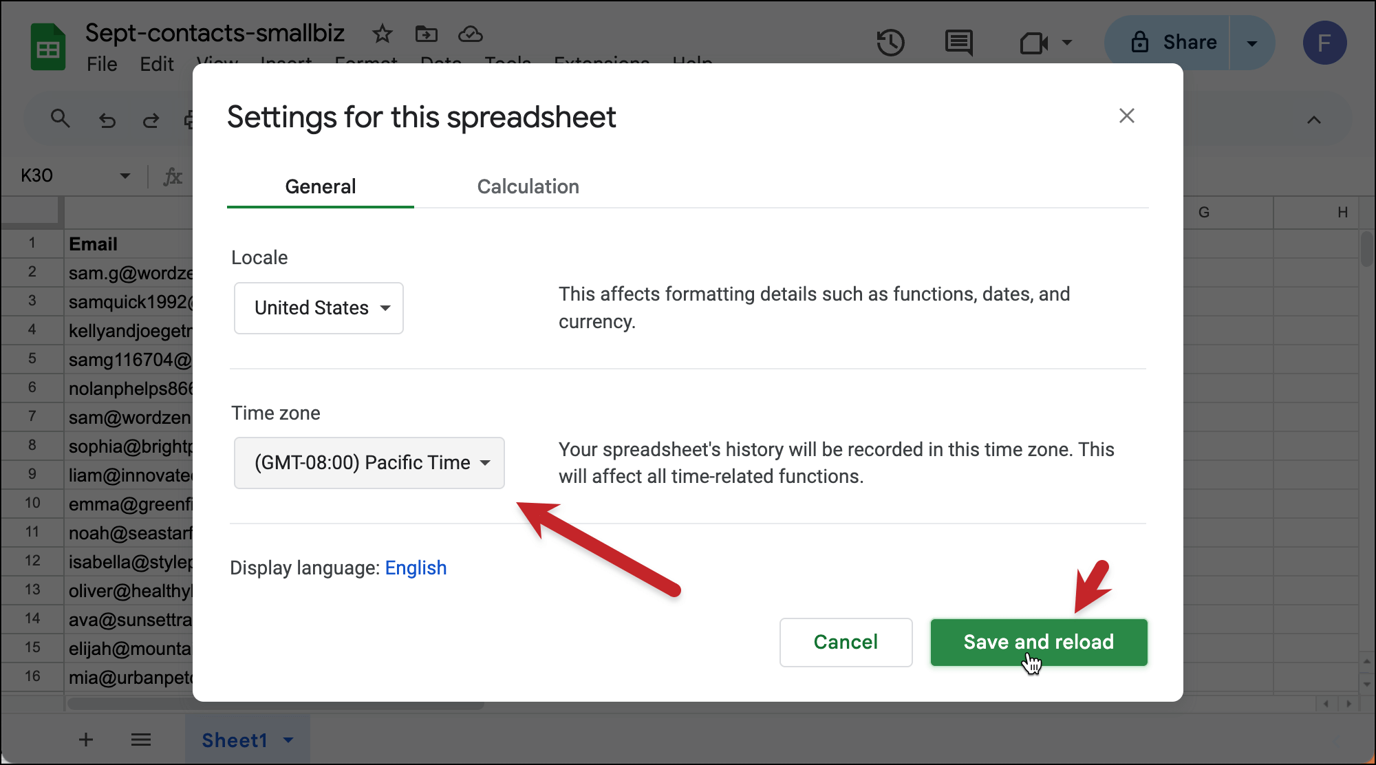 Set the Google Sheet time zone