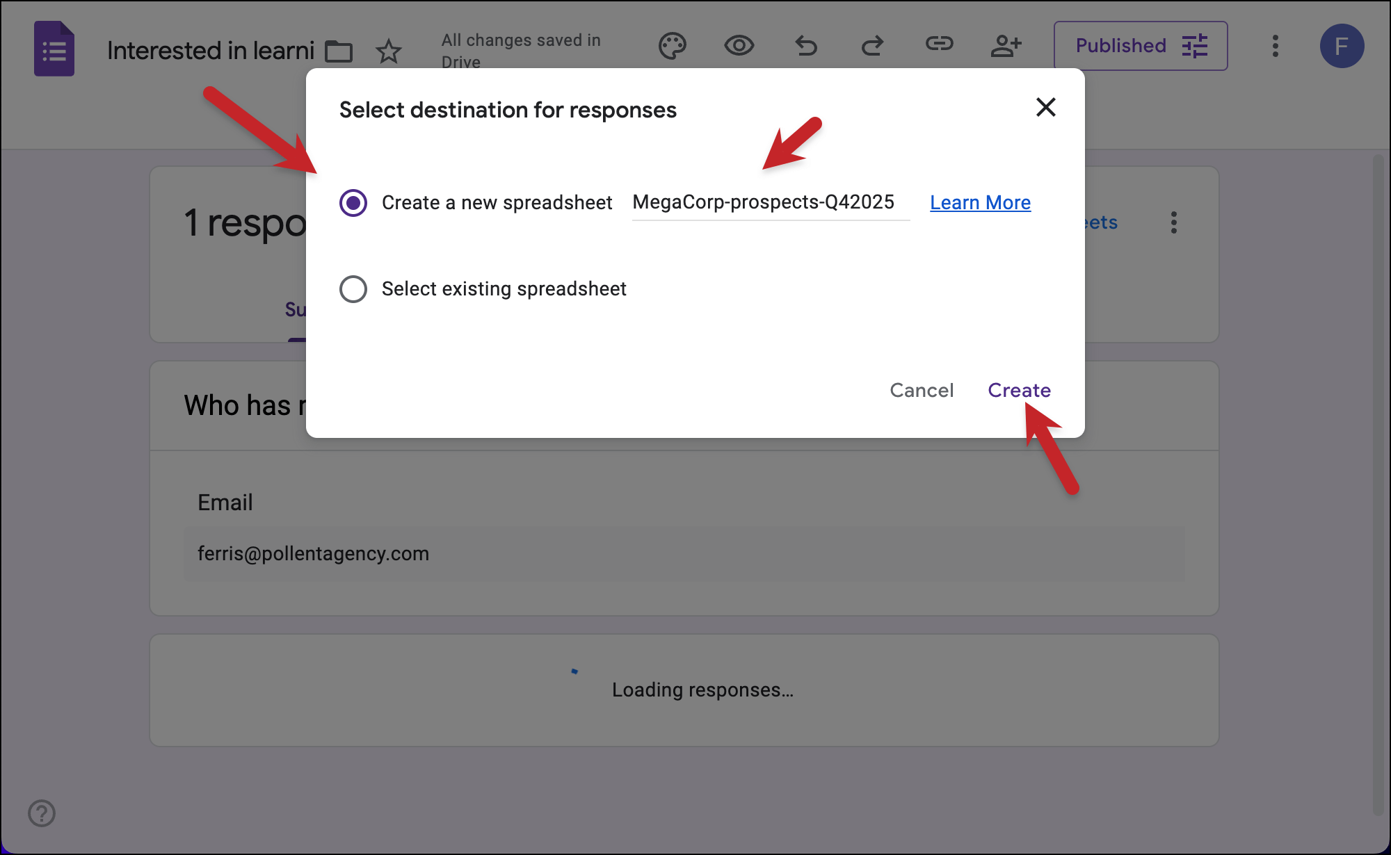 Create the new spreadsheet